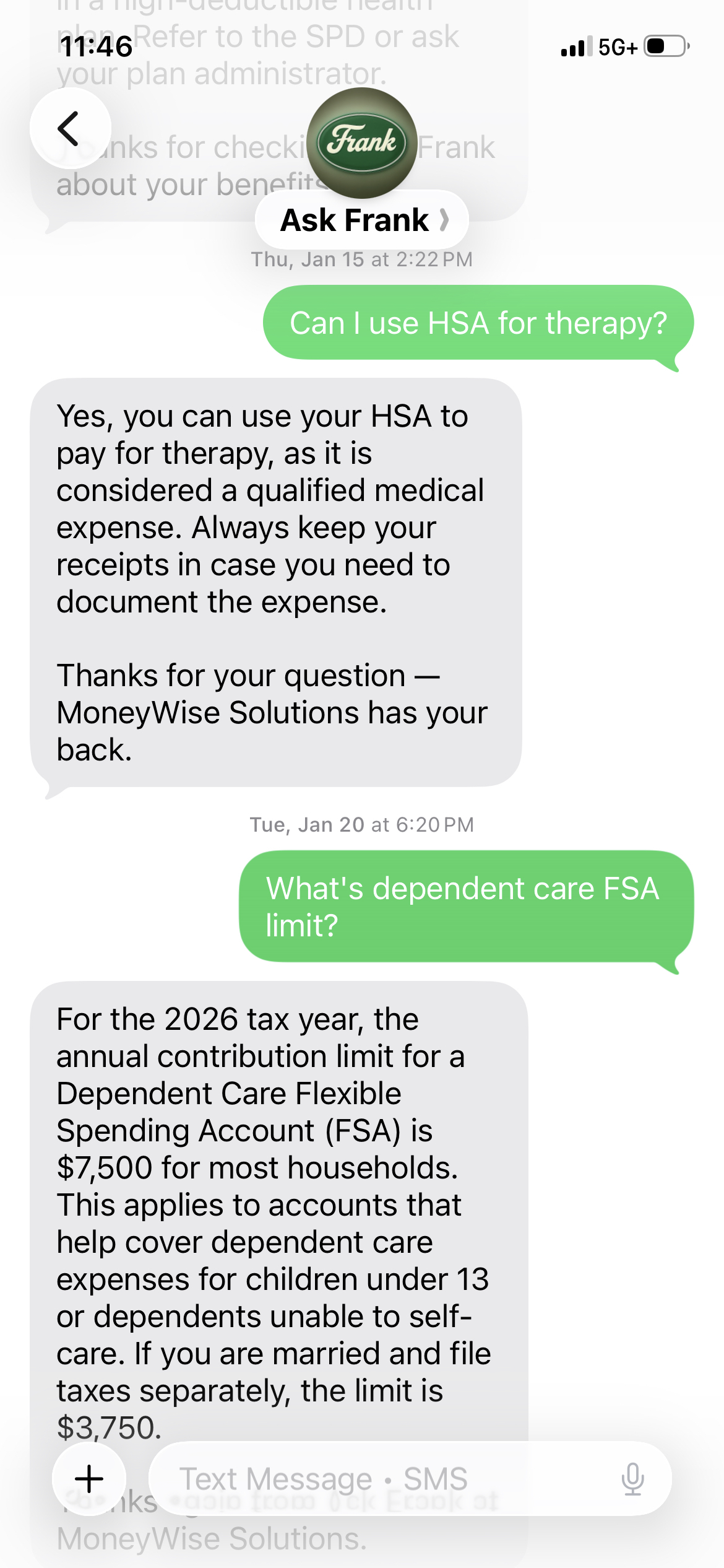 Ask Frank answering HSA and FSA questions by text message