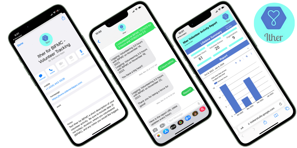 Three phones showing Ither: saving the text-in contact, logging volunteer hours by message, and an auto-generated activity report