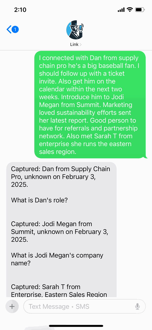 A Link Lead text turning a rep's freeform note into structured, captured CRM contacts