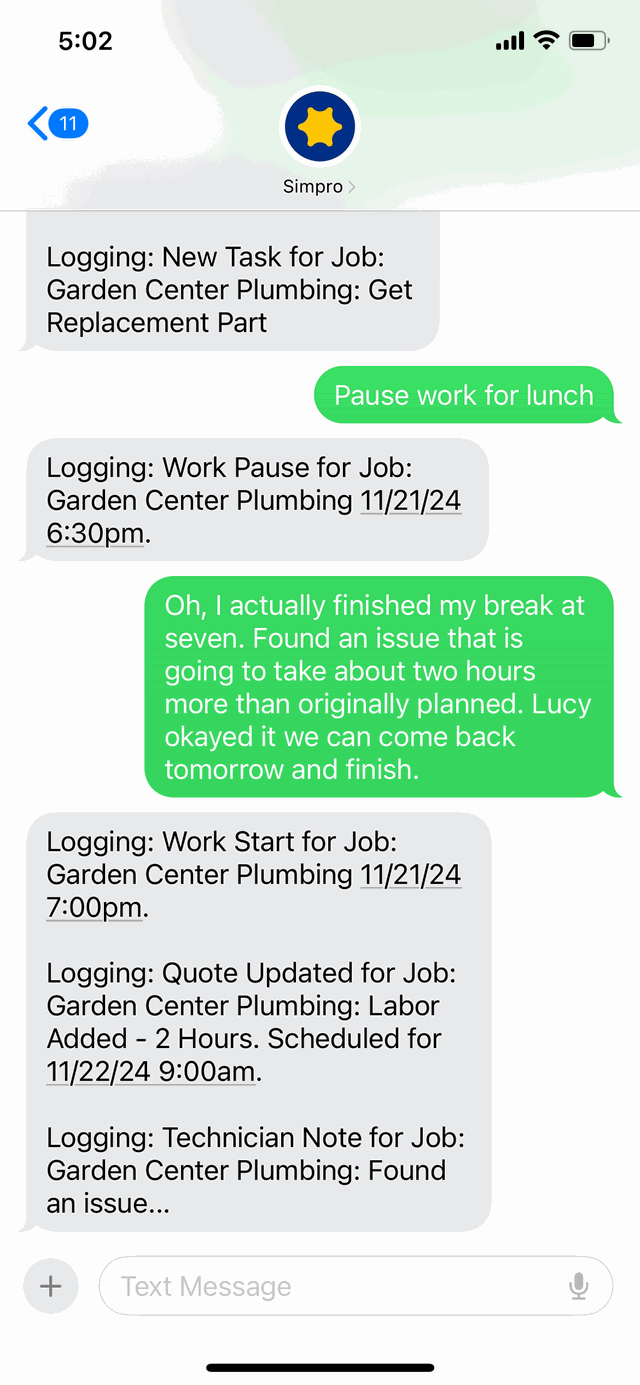 A time-tracking text logging work pause, restart, and a technician note against a job