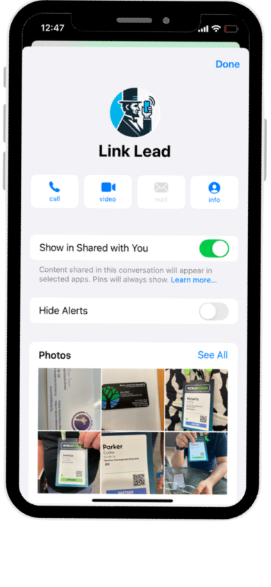 iPhone screenshot showing Link Lead saved as a contact with phone number for SMS lead capture