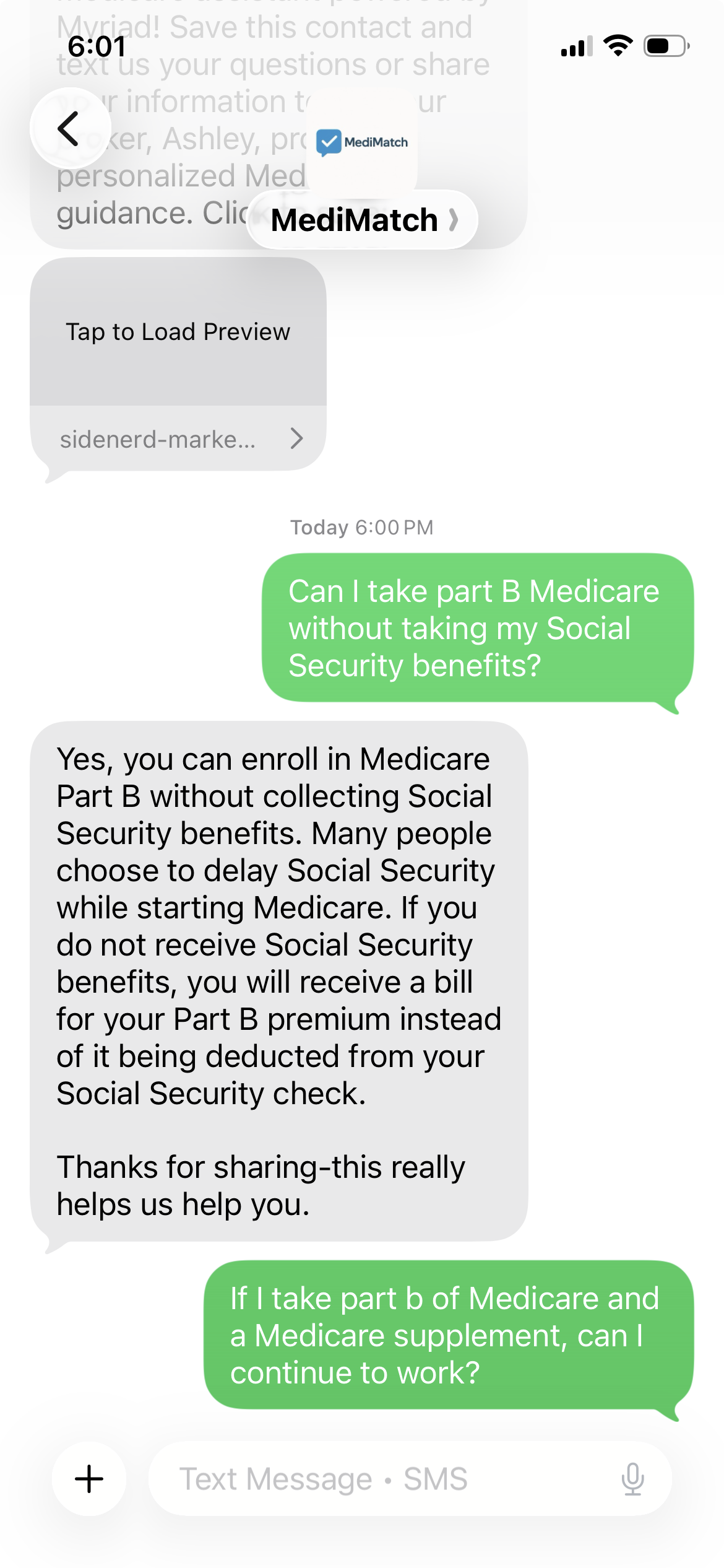 MediMatch SMS conversation example