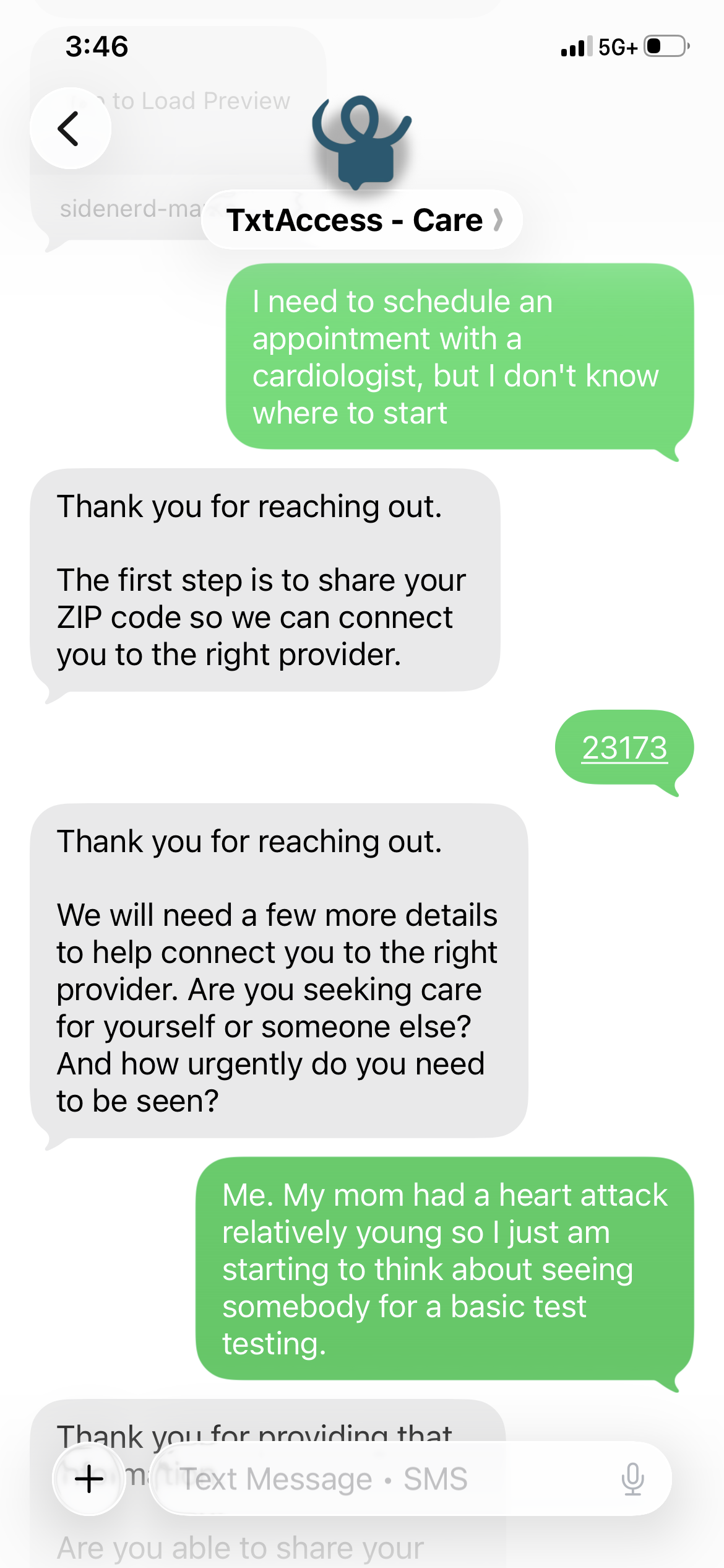 A TxtAccess patient-intake conversation guiding someone toward the right cardiology provider